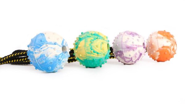 Vollgummiball aus Kautschuk mit Noppen und Wurfband zweifarbig Ø 60mm