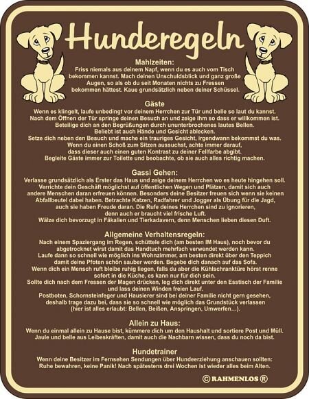 Rahmenlos Blechschild: Hunderegeln! Das Geschenk für jeden Hundefreund